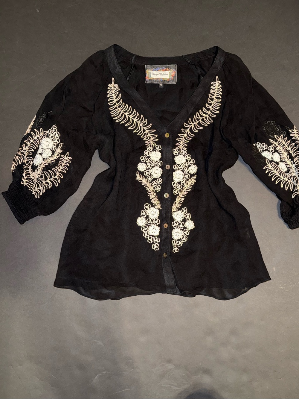 Vintage Black Blouse with Cream Floral Embroidery